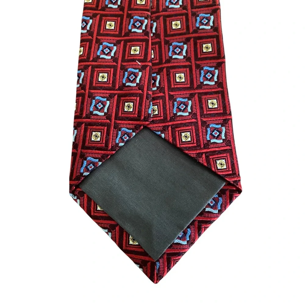 Mario Borelli Silk Tie Red Blue Geometric Square Pattern Made in USA‎ Mens Tie